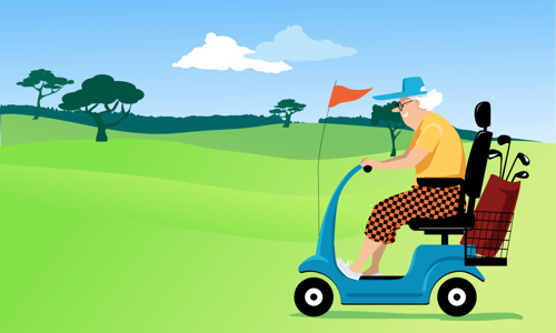 An elderly person riding a mobility scooter in the golf course.
