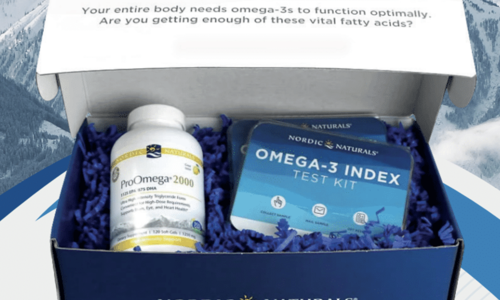 Box containing Nordic Naturals Pro-Omega 2000 bottle and Omega-3 Index Test kit
