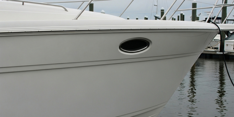 yacht with scratch on Awlgrip hull in Deltaville marina - awlgrip scratch repair