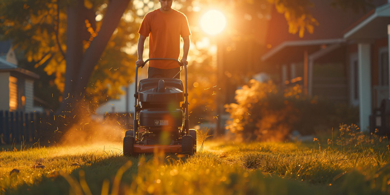 A man uses a lawn mower to cut grass in the backyard