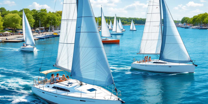 new Jeanneau sailboats sailing in sunny harbor - new Jeanneau sailboats